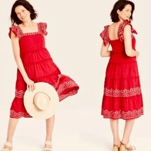 Knox Rose Embroidered Tiered Ruffle Sleeve A-Line Dress Boho Safari Red Size M
